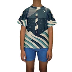 Lighthouse Abstract Ocean Sea Waves Water Blue Kids  Short Sleeve Swimwear by Wegoenart