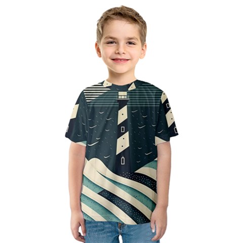 Lighthouse Abstract Ocean Sea Waves Water Blue Kids  Sport Mesh Tee by Wegoenart