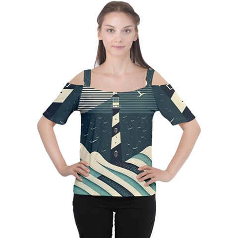 Lighthouse Abstract Ocean Sea Waves Water Blue Cutout Shoulder Tee by Wegoenart