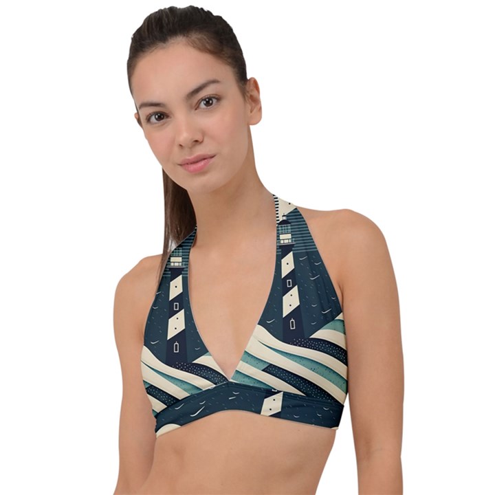 Lighthouse Abstract Ocean Sea Waves Water Blue Halter Plunge Bikini Top