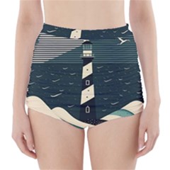 Lighthouse Abstract Ocean Sea Waves Water Blue High-waisted Bikini Bottoms by Wegoenart