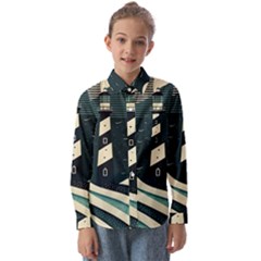 Lighthouse Abstract Ocean Sea Waves Water Blue Kids  Long Sleeve Shirt by Wegoenart