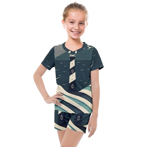 Lighthouse Abstract Ocean Sea Waves Water Blue Kids  Mesh Tee And Shorts Set by Wegoenart