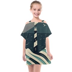 Lighthouse Abstract Ocean Sea Waves Water Blue Kids  One Piece Chiffon Dress by Wegoenart