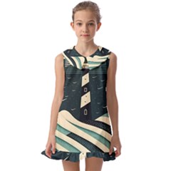 Lighthouse Abstract Ocean Sea Waves Water Blue Kids  Pilgrim Collar Ruffle Hem Dress by Wegoenart