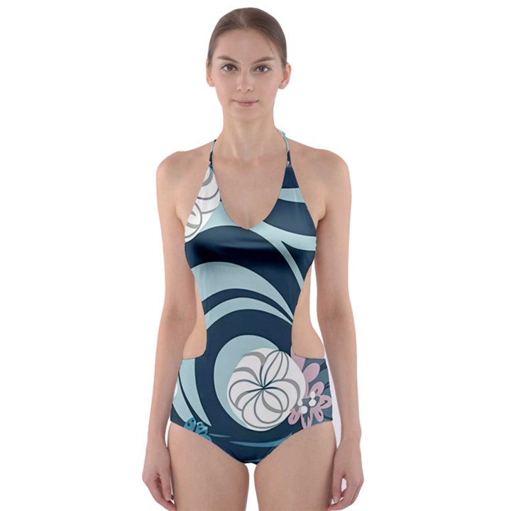 Flowers Pattern Floral Ocean Abstract Digital Art Cut-Out One Piece Swimsuit