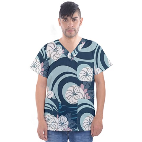 Flowers Pattern Floral Ocean Abstract Digital Art Men s V-neck Scrub Top by Wegoenart