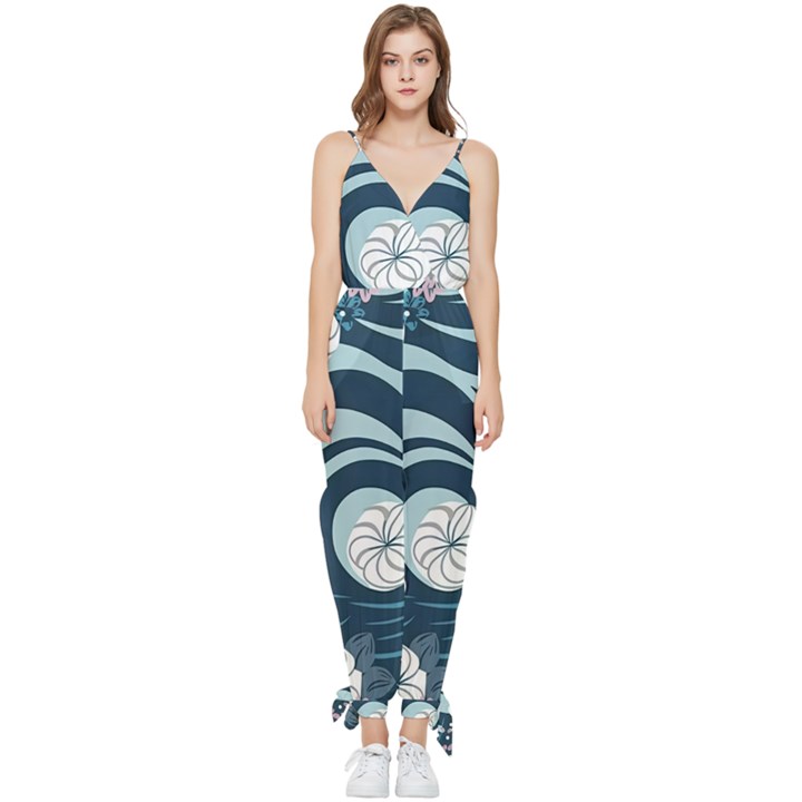 Flowers Pattern Floral Ocean Abstract Digital Art Sleeveless Tie Ankle Chiffon Jumpsuit