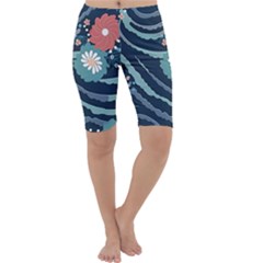 Waves Flowers Pattern Water Floral Minimalist Cropped Leggings  by Wegoenart