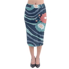 Waves Flowers Pattern Water Floral Minimalist Midi Pencil Skirt by Wegoenart