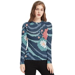 Waves Flowers Pattern Water Floral Minimalist Women s Long Sleeve Rash Guard by Wegoenart