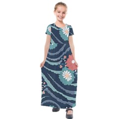 Waves Flowers Pattern Water Floral Minimalist Kids  Short Sleeve Maxi Dress by Wegoenart