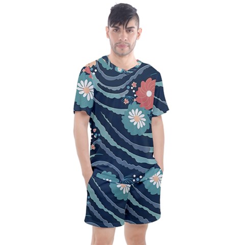 Waves Flowers Pattern Water Floral Minimalist Men s Mesh Tee And Shorts Set by Wegoenart