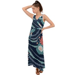 Waves Flowers Pattern Water Floral Minimalist V-neck Chiffon Maxi Dress by Wegoenart