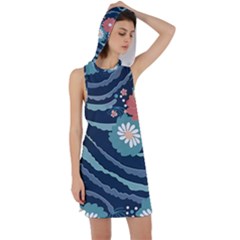 Waves Flowers Pattern Water Floral Minimalist Racer Back Hoodie Dress by Wegoenart