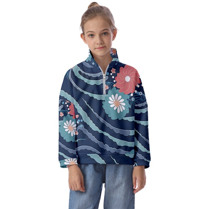 Waves Flowers Pattern Water Floral Minimalist Kids  Half Zip Hoodie