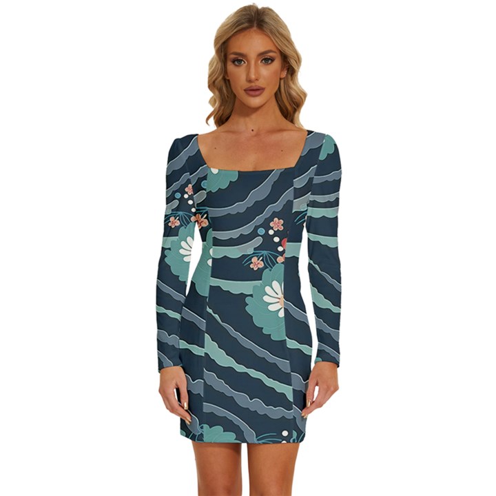 Waves Flowers Pattern Water Floral Minimalist Long Sleeve Square Neck Bodycon Velvet Dress