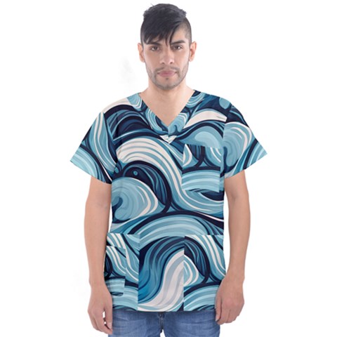 Pattern Ocean Waves Arctic Ocean Blue Nature Sea Men s V-neck Scrub Top by Wegoenart