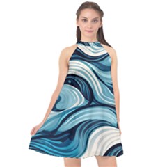 Pattern Ocean Waves Arctic Ocean Blue Nature Sea Halter Neckline Chiffon Dress  by Wegoenart