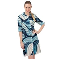 Pattern Ocean Waves Arctic Ocean Blue Nature Sea Long Sleeve Mini Shirt Dress by Wegoenart