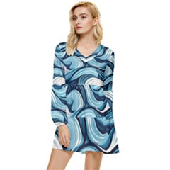 Pattern Ocean Waves Arctic Ocean Blue Nature Sea Tiered Long Sleeve Mini Dress by Wegoenart