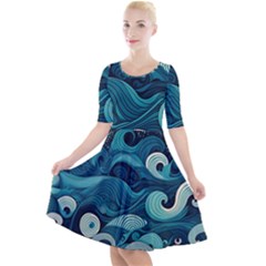 Waves Ocean Sea Abstract Whimsical Abstract Art Quarter Sleeve A-line Dress by Wegoenart