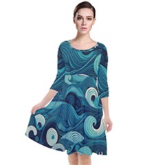 Waves Ocean Sea Abstract Whimsical Abstract Art Quarter Sleeve Waist Band Dress by Wegoenart