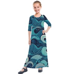 Waves Ocean Sea Abstract Whimsical Abstract Art Kids  Quarter Sleeve Maxi Dress by Wegoenart