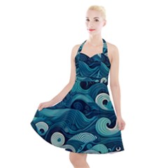 Waves Ocean Sea Abstract Whimsical Abstract Art Halter Party Swing Dress  by Wegoenart