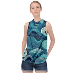 Waves Ocean Sea Abstract Whimsical Abstract Art High Neck Satin Top by Wegoenart