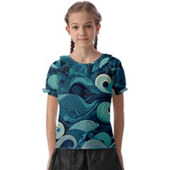 Waves Ocean Sea Abstract Whimsical Abstract Art Kids  Frill Chiffon Blouse by Wegoenart