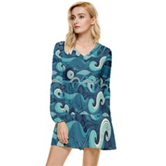 Waves Ocean Sea Abstract Whimsical Abstract Art Tiered Long Sleeve Mini Dress by Wegoenart