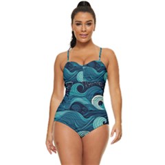 Waves Ocean Sea Abstract Whimsical Abstract Art Retro Full Coverage Swimsuit by Wegoenart