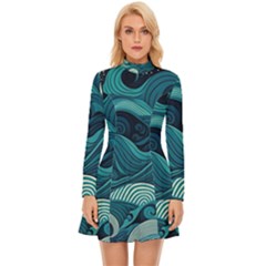 Waves Ocean Sea Abstract Whimsical Abstract Art Long Sleeve Velour Longline Dress by Wegoenart