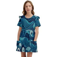 Waves Ocean Sea Abstract Whimsical Abstract Art Kids  Frilly Sleeves Pocket Dress by Wegoenart