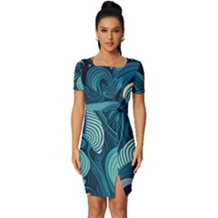 Waves Ocean Sea Abstract Whimsical Abstract Art Fitted Knot Split End Bodycon Dress by Wegoenart