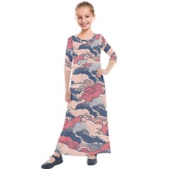 Waves Ocean Sea Water Pattern Rough Seas Kids  Quarter Sleeve Maxi Dress by Wegoenart