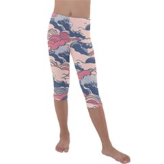 Waves Ocean Sea Water Pattern Rough Seas Kids  Lightweight Velour Capri Leggings  by Wegoenart