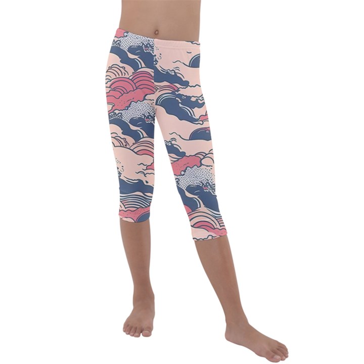 Waves Ocean Sea Water Pattern Rough Seas Kids  Lightweight Velour Capri Leggings 