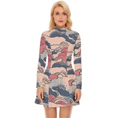 Waves Ocean Sea Water Pattern Rough Seas Long Sleeve Velour Longline Dress by Wegoenart