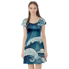 Waves Ocean Sea Pattern Water Tsunami Rough Seas Short Sleeve Skater Dress by Wegoenart