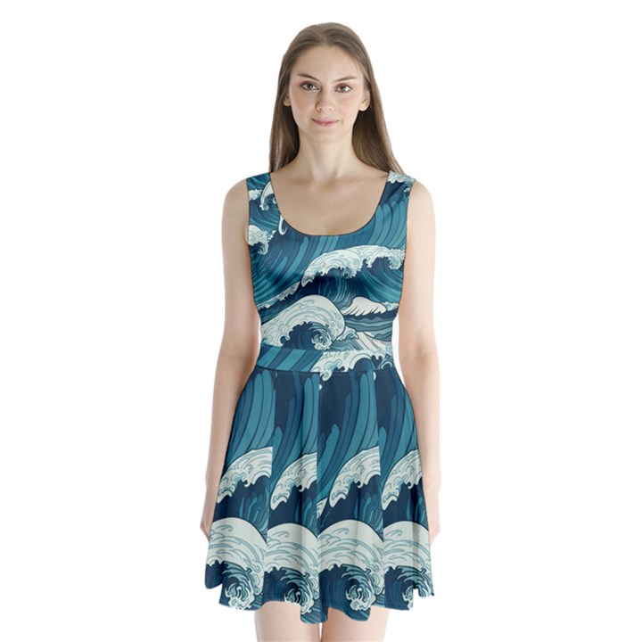 Waves Ocean Sea Pattern Water Tsunami Rough Seas Split Back Mini Dress 