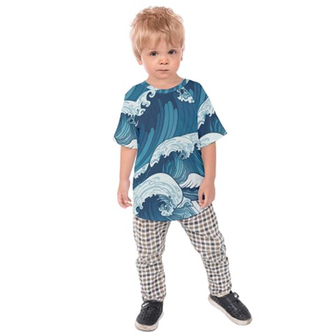 Waves Ocean Sea Pattern Water Tsunami Rough Seas Kids  Raglan Tee by Wegoenart