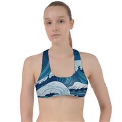 Waves Ocean Sea Pattern Water Tsunami Rough Seas Criss Cross Racerback Sports Bra by Wegoenart