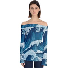 Waves Ocean Sea Pattern Water Tsunami Rough Seas Off Shoulder Long Sleeve Top by Wegoenart