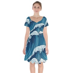 Waves Ocean Sea Pattern Water Tsunami Rough Seas Short Sleeve Bardot Dress by Wegoenart