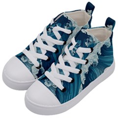 Waves Ocean Sea Pattern Water Tsunami Rough Seas Kids  Mid-top Canvas Sneakers by Wegoenart