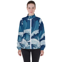 Waves Ocean Sea Pattern Water Tsunami Rough Seas Women s High Neck Windbreaker by Wegoenart