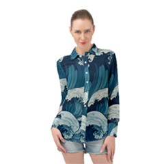 Waves Ocean Sea Pattern Water Tsunami Rough Seas Long Sleeve Chiffon Shirt