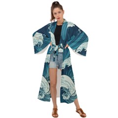 Waves Ocean Sea Pattern Water Tsunami Rough Seas Maxi Kimono by Wegoenart